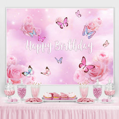 Lofaris Purple Pink Butterfly Floral Happy Birthday Backdrop