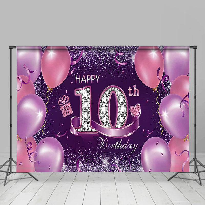 Lofaris Purple Pink Glitter Happy 10th Birthday Backdrop Banner