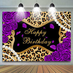 Lofaris Purple Rose Leopard Glitter Happy Birthday Backdrop