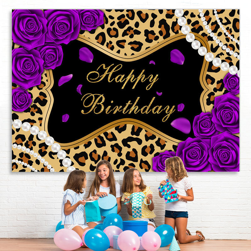 Lofaris Purple Rose Leopard Glitter Happy Birthday Backdrop
