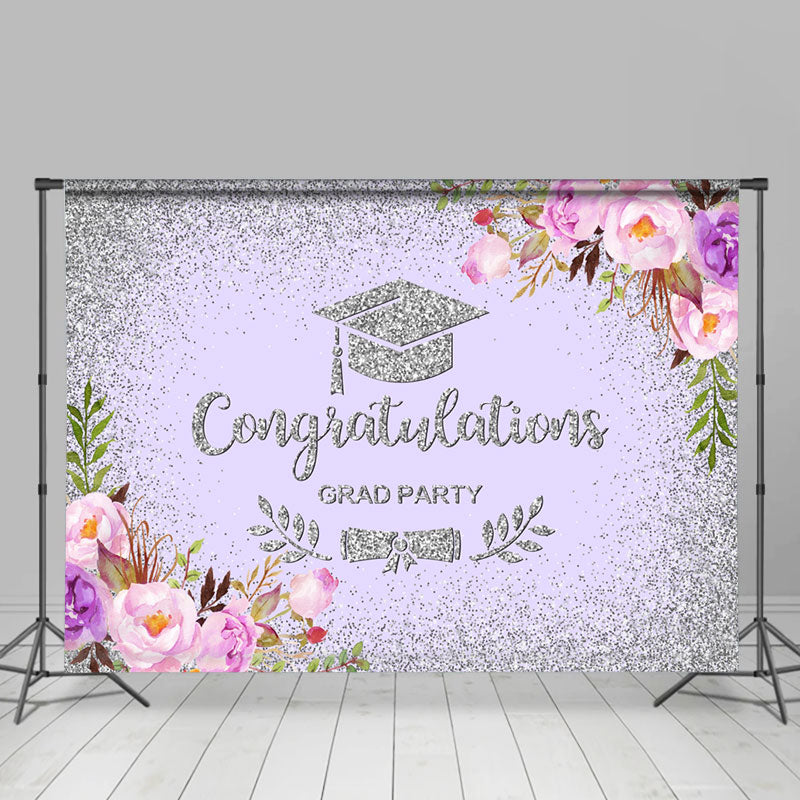 Lofaris Purple Silver Floral Congratulation Grad Backdrop