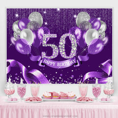 Lofaris Purple Silver Ribbion Happy 50Th Birthday Backdrop