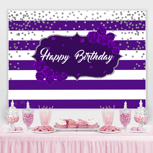 Lofaris Purple Stripes Rose Happy Birthday Backdrop for Girl