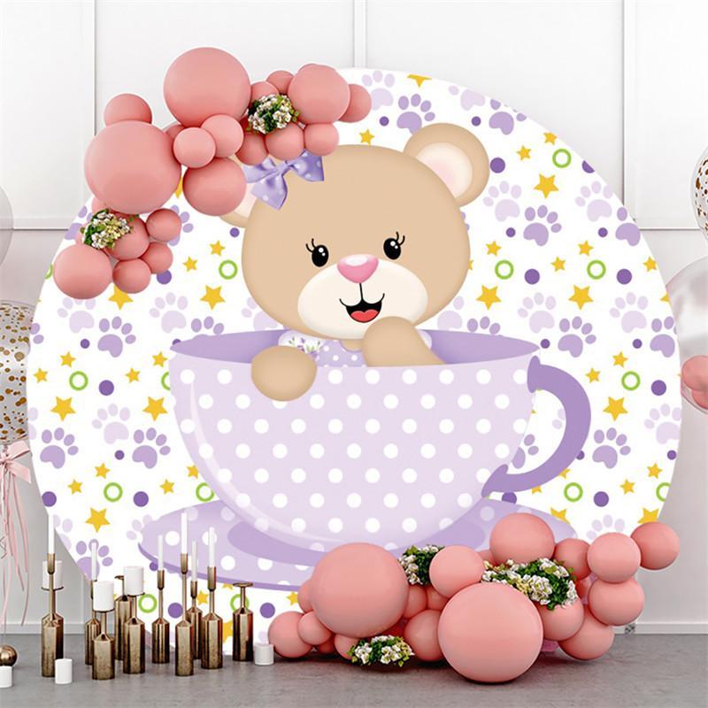Lofaris Purple Teacup Bear Round Girls Baby Shower Backdrop