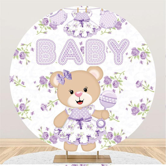 Lofaris Purple Teddy Bear And Floral Round Baby shower Backdrop