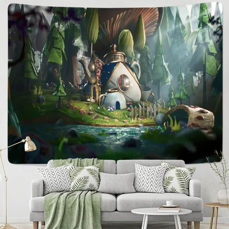 Lofaris Quiet Kettle House Cartoon Forest Lake Wall Tapestry