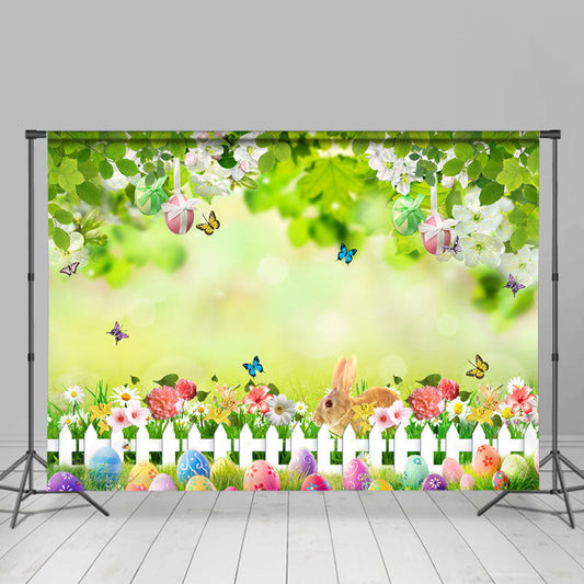 Lofaris Rabbit Floral Butterfly Green Easter Egg Backdrop