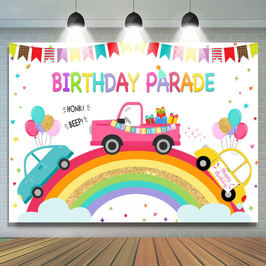 Lofaris Rainbow And Cartoon Car Birthday Parade Theme Backdrop