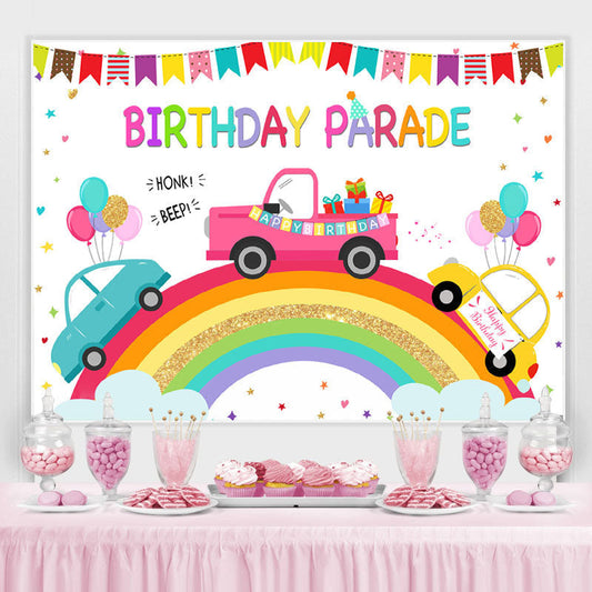 Lofaris Rainbow And Cartoon Car Birthday Parade Theme Backdrop