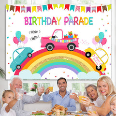 Lofaris Rainbow And Cartoon Car Birthday Parade Theme Backdrop