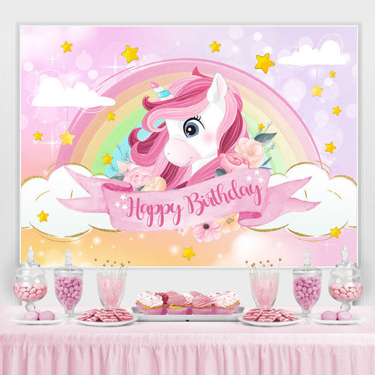 Lofaris Rainbow And Cloud Pink Unicorn Themed Birthday Backdrop
