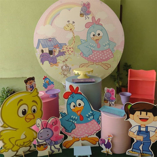 Lofaris Rainbow And Farm House Animals Round Birthday Backdrop
