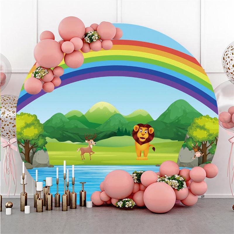 Lofaris Rainbow And Lake With Lion Round Baby Shower Backdrop