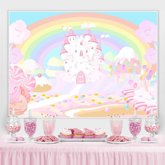 Lofaris Rainbow And Pink Castle Wonderland Birthday Backdrop