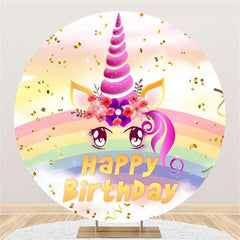 Lofaris Rainbow And Unicorn Round Happy Birthday Party Backdrop
