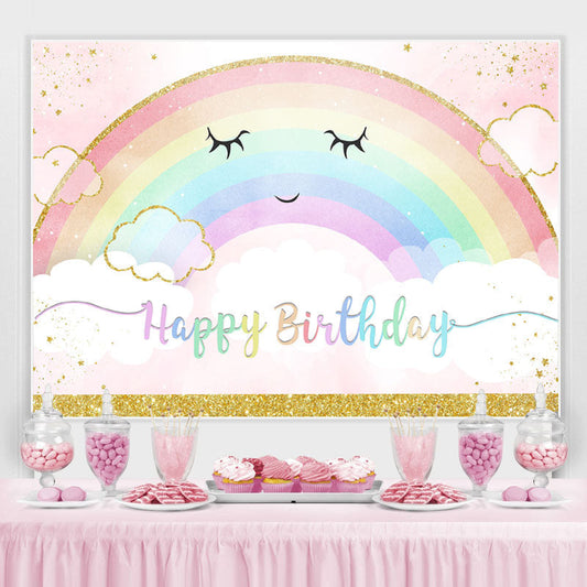 Lofaris Rainbow And White Cloud Gold Birthday Backdrop For Girl