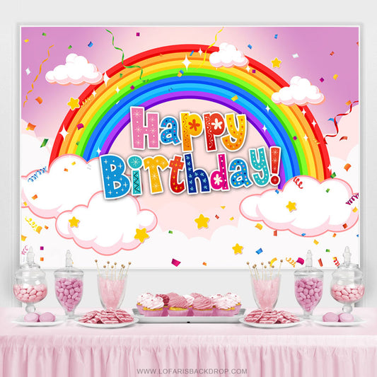 Lofaris Rainbow Cloud Confetti Pink Happy Birthday Backdrop