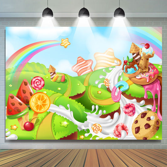 Lofaris Rainbow Star Candyland Happy Birthday Backdrop