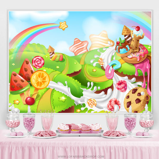 Lofaris Rainbow Star Candyland Happy Birthday Backdrop
