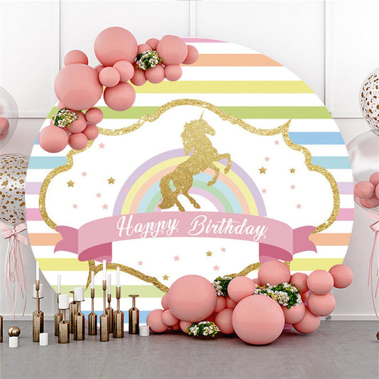 Lofaris Rainbow Stripe Gold Horse Happy Birthday Round Backdrop