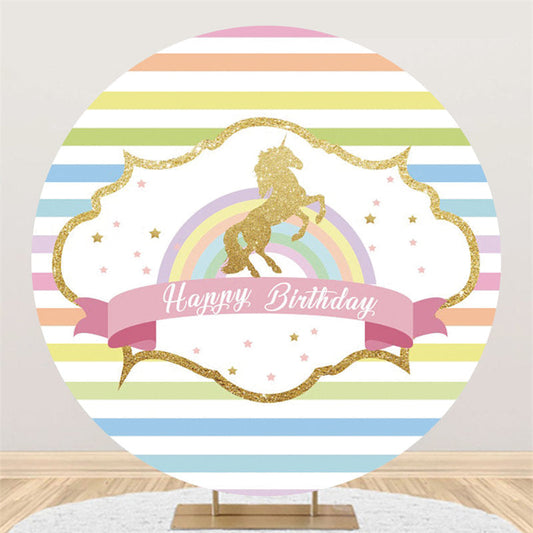Lofaris Rainbow Stripe Gold Horse Happy Birthday Round Backdrop