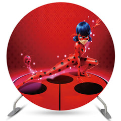 Lofaris Red And Black Round Cartoon Girl Birthday Backdrop