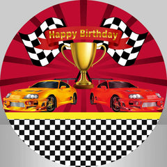 Lofaris Red And Orange Cars Round Happy Birthday Backdrop Kit