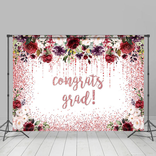 Lofaris Red And Pink Floral Glitter Congrats Grad Backdrop