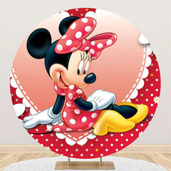 Lofaris Red And White Cartoon Mouse Round Birthday Backdrop