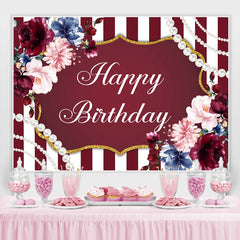 Lofaris Red And White Line With Floral Gold Birthday Backdrop