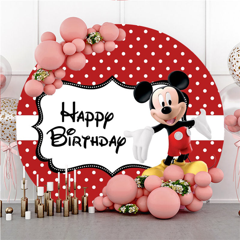 Lofaris Red And White Round Cartoon Mouse Birthday Backdrop