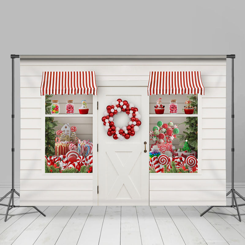Lofaris Red And White Wreath Window Door Christmas Theme Backdrop