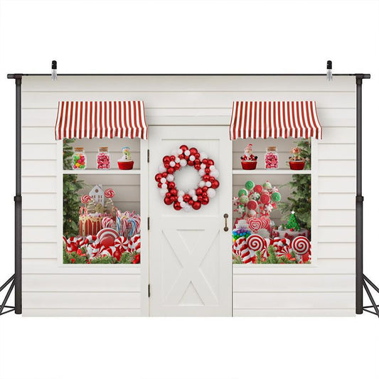 Lofaris Red And White Wreath Window Door Christmas Theme Backdrop