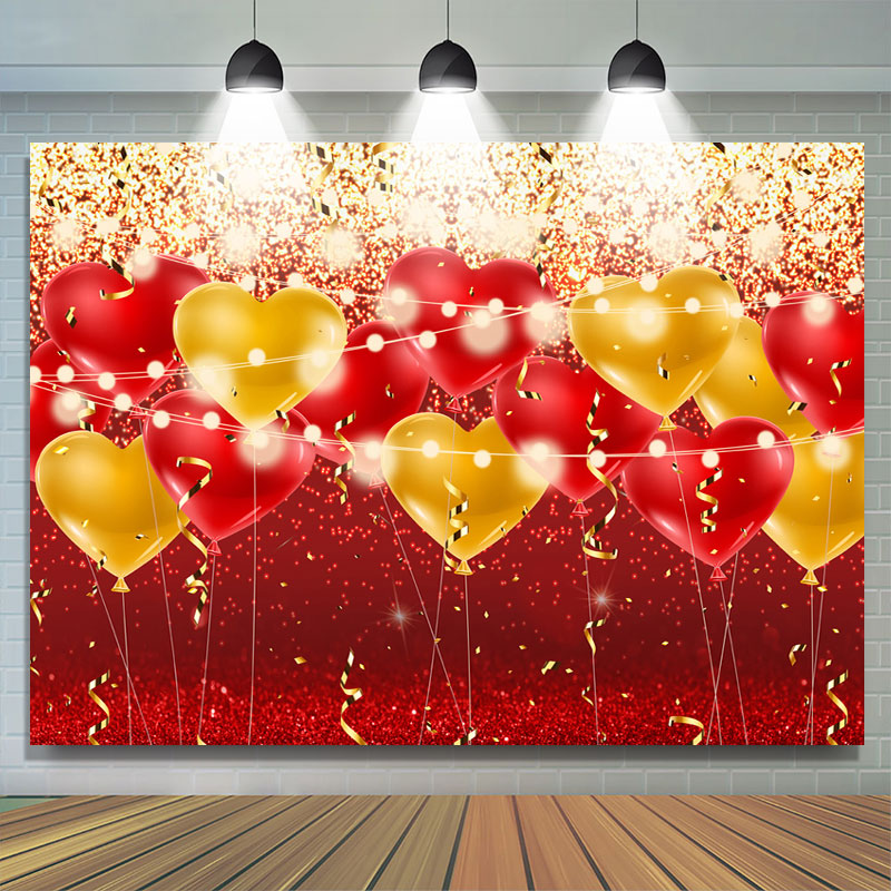 Lofaris Red And Yellow Ballons Glitter Birthday Party Backdrop
