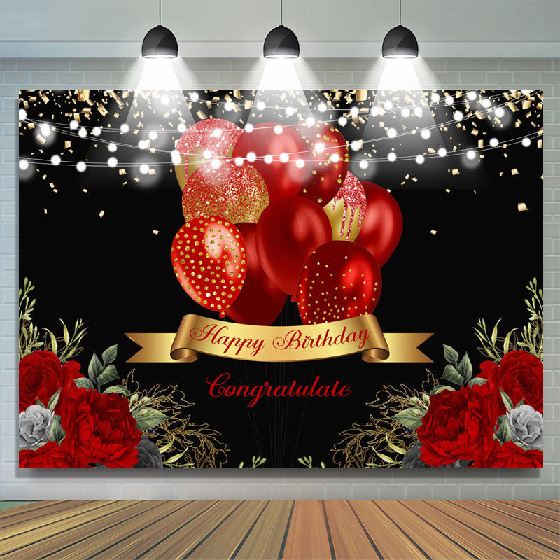 Lofaris Red Balloon Rose Happy Birthday Gold Glitter Lights Black Backdrop