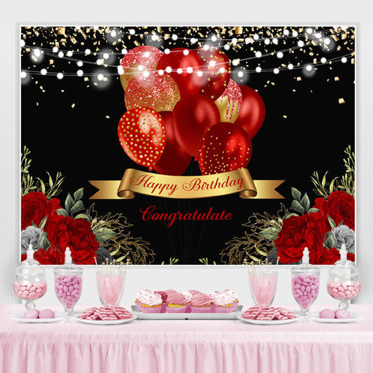 Lofaris Red Balloon Rose Happy Birthday Gold Glitter Lights Black Backdrop