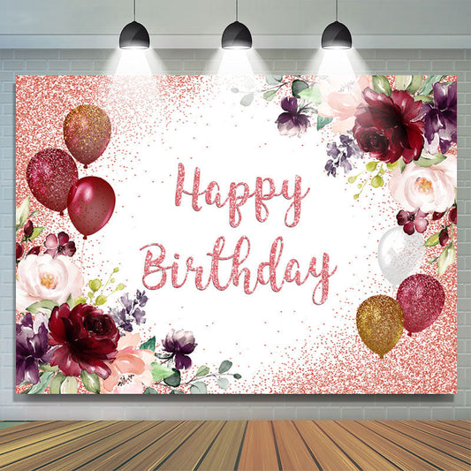 Lofaris Red Balloons And Floral Glitter Happy Birthday Backdrop