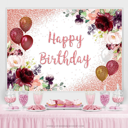 Lofaris Red Balloons And Floral Glitter Happy Birthday Backdrop