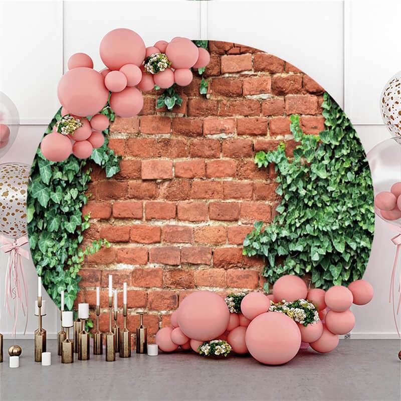 Lofaris Red Brick And Green Leaves Round Wedding Party Backdrop