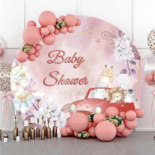 Lofaris Red Car And Floral Round Animal Baby Shower Backdrop