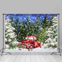 Lofaris Red Car And Green Pines Winter Snowflake Backdrops