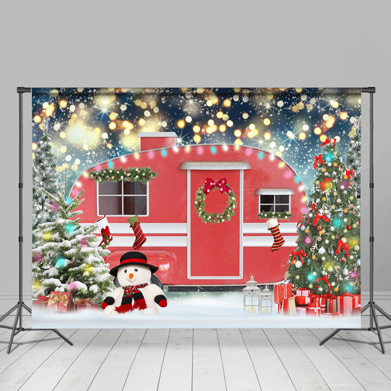 Lofaris Red Car Christmas Tree Snowman Bokeh Backdrop for Party