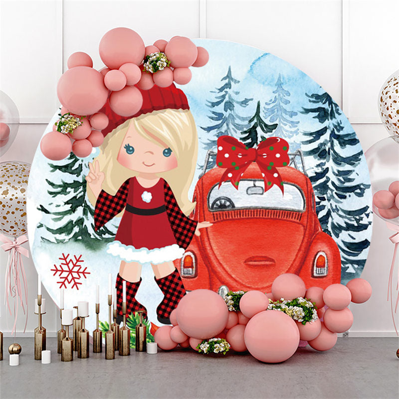 Lofaris Red Car Snow Tree Birthday Round Backdrop For Girl