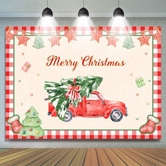 Lofaris Red Car with A Christmas Tree Party Backdrop