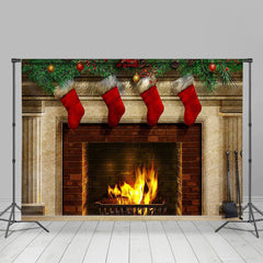 Lofaris Red Christmas stockings fireplace Photoshoot backdrop