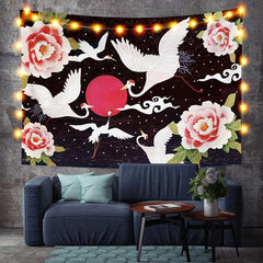 Lofaris Red Crowned Crane Moon Floral Animal Custom Tapestry