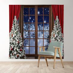 Lofaris Red Curtain Christmas Tree Door Snow Forest Backdrop