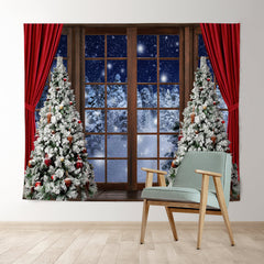 Lofaris Red Curtain Christmas Tree Door Snow Forest Backdrop