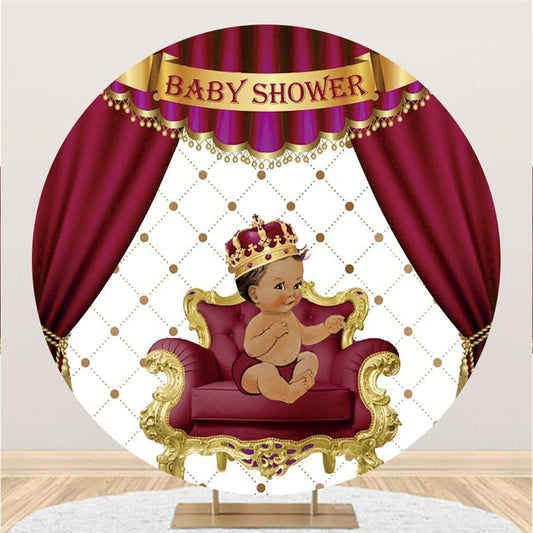 Lofaris Red Curtain Crown Cute Boy Round Baby Shower Backdrop