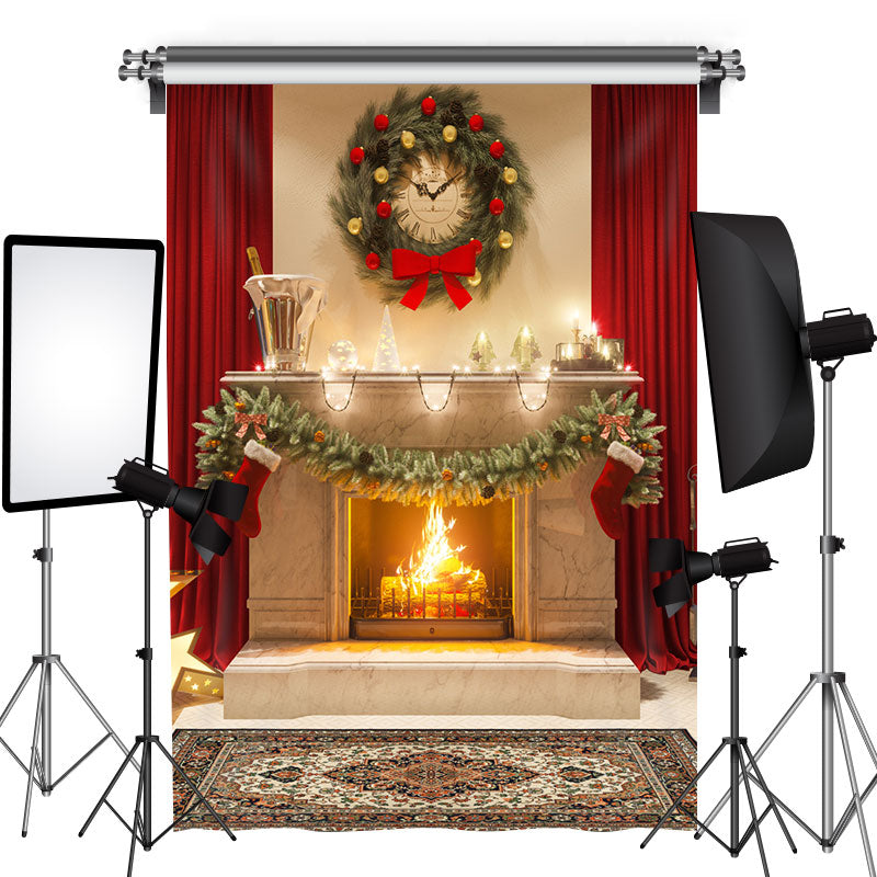 Lofaris Red Curtain House With Christmas Wreath Holiday Backdrop